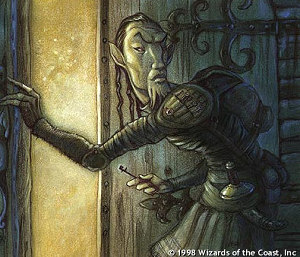 Image of a Githilid Rogue entering a door at night